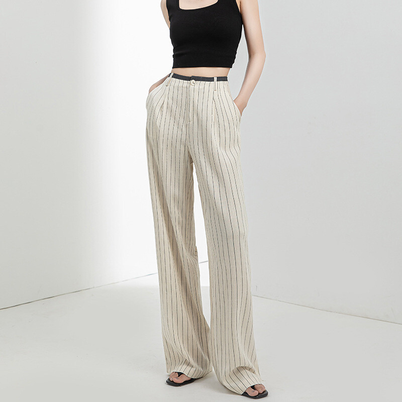 Breathable Linen High Waist Striped Wide Leg Pants for Women