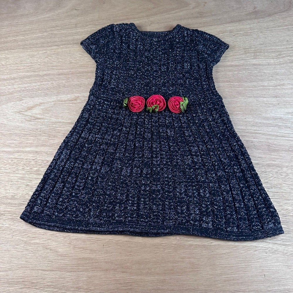 Wonder Kids Girls Sweater Dress Black Silver Knit Rosette Detail Short Sleeve 4T