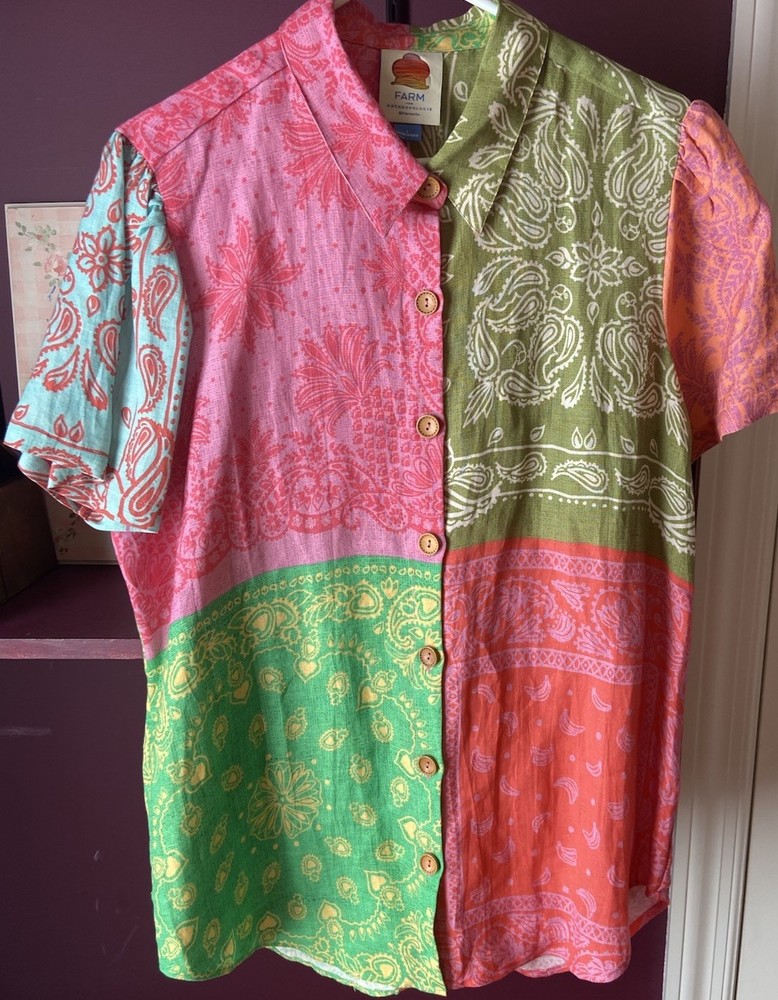 Farm Rio Shirt/Blouse Short Sleeve Linen Blend Button Up Women Sz Lg  NWOT