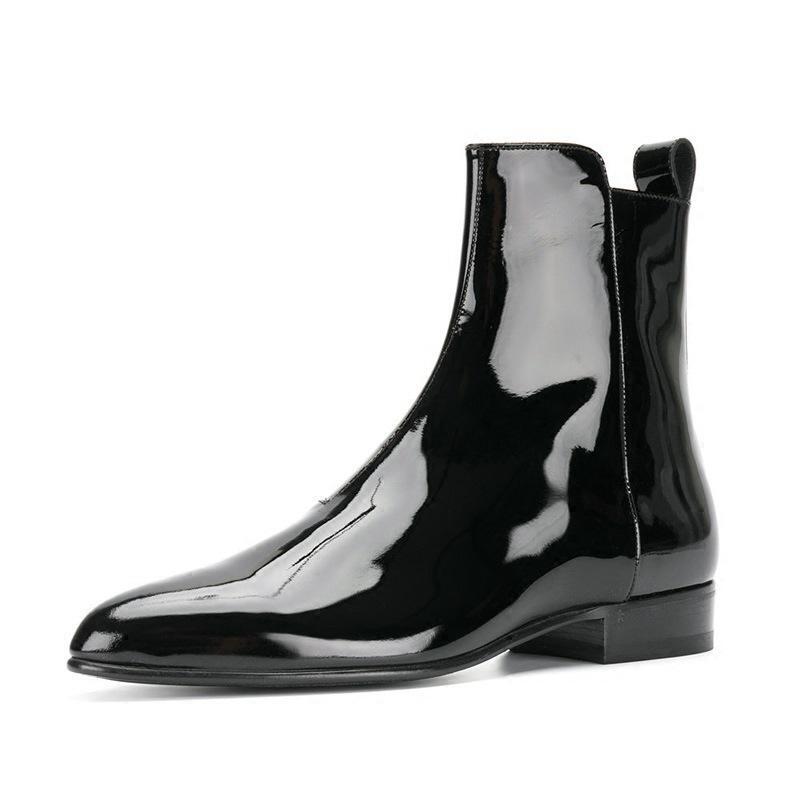Men's real Shiny leather shoes pointy toe Dress ankle boots Chelsea boots