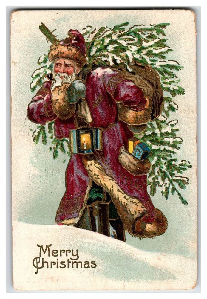 Vintage Santa Claus Maroon Coat Christmas Postcard w/Tree Printed Germany 1910s