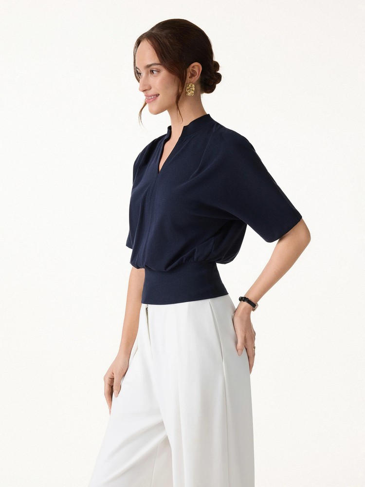 OGL Stand Collar V-Neck Short Sleeve Top Casual Minimal Style