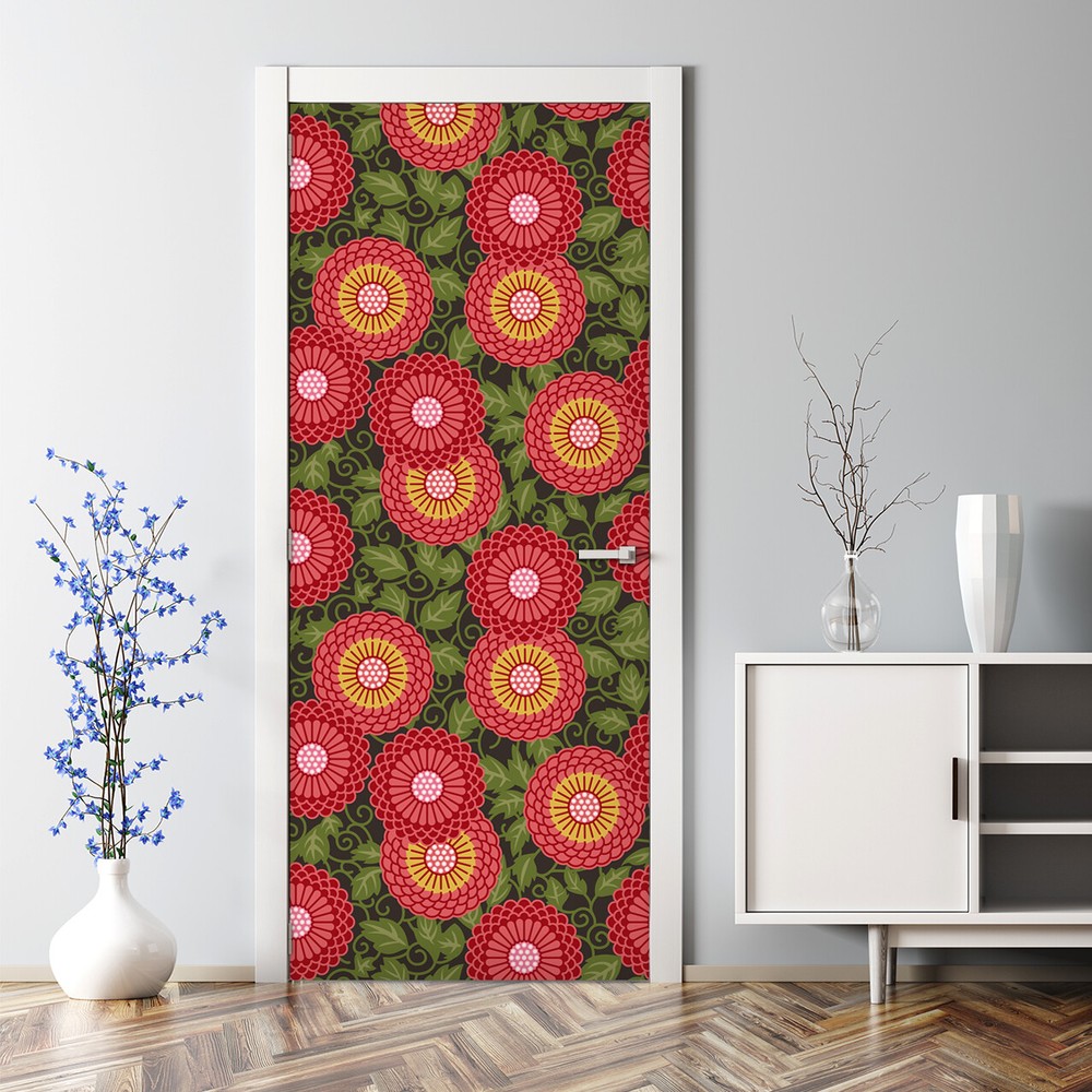 Red and Green Traditional Flowers Bubble-Free Door Sticker Decal Photo Mural