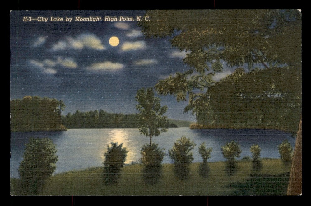 City Lake By Moonlight High Point NC North Carolina Night Posted Linen Postcard