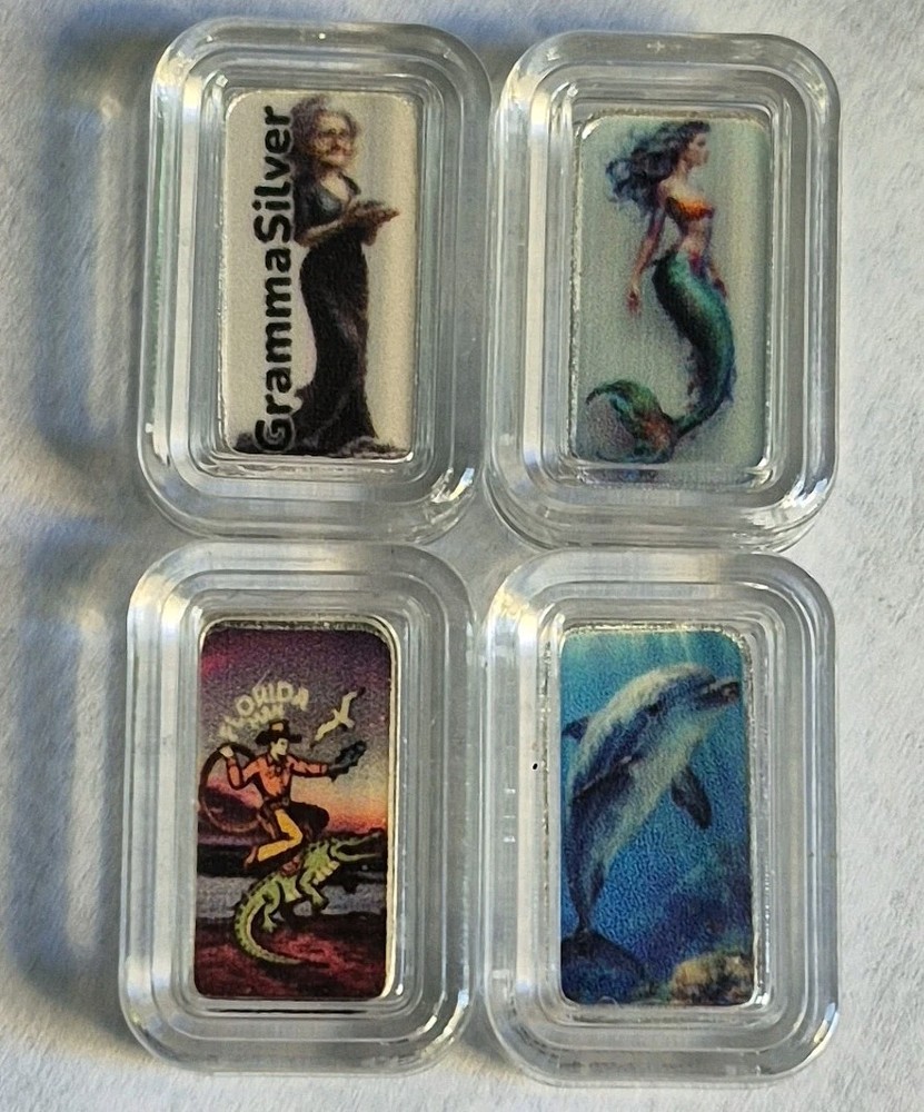 🔥 Lot of 4 Naples 1 Gram Colorized .999 Silver Bars 🧜 Dolphin 🤠🐊 Gramma