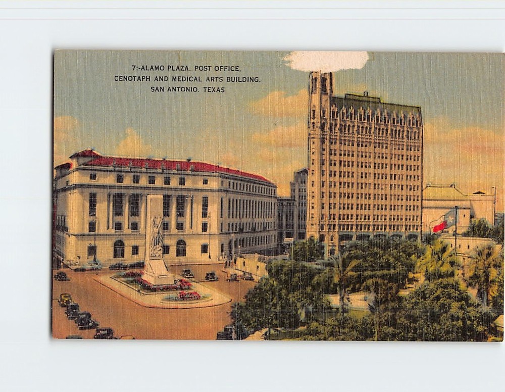 Postcard Alamo Plaza Post Office Cenotaph & Medical Arts Building San Antonio TX