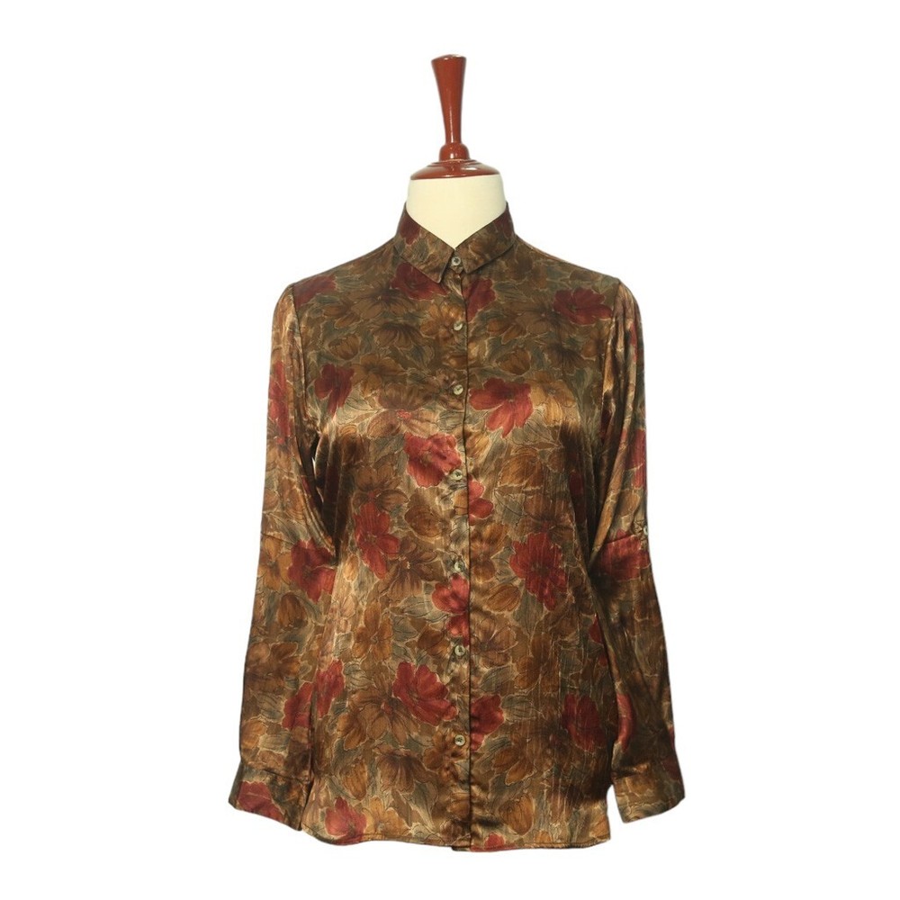 Womens Silky Shirt Button Up Brown Red Floral Flower Tropical Hawaiian Tunic M