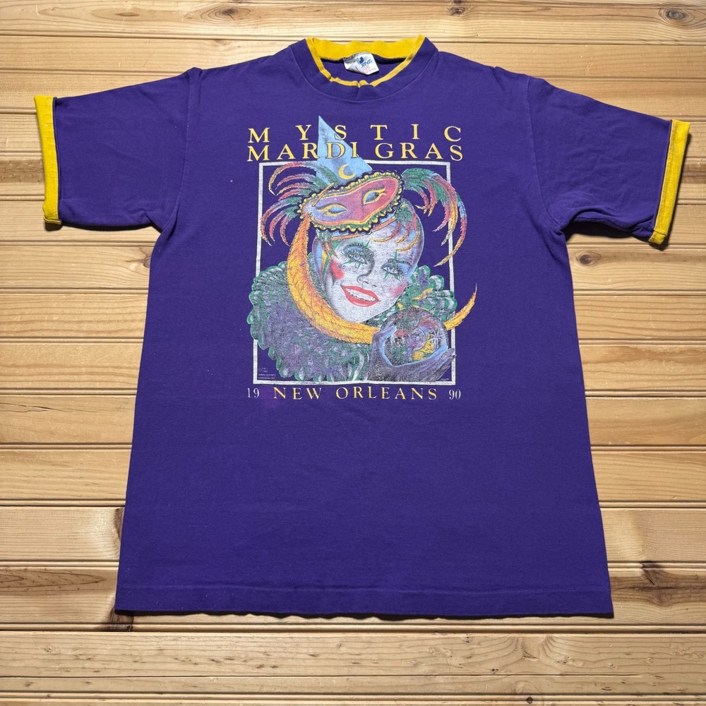 Vintage 1990 Mystic Mardi Gras New Orleans Clown Ringer T-Shirt USA - Size Large