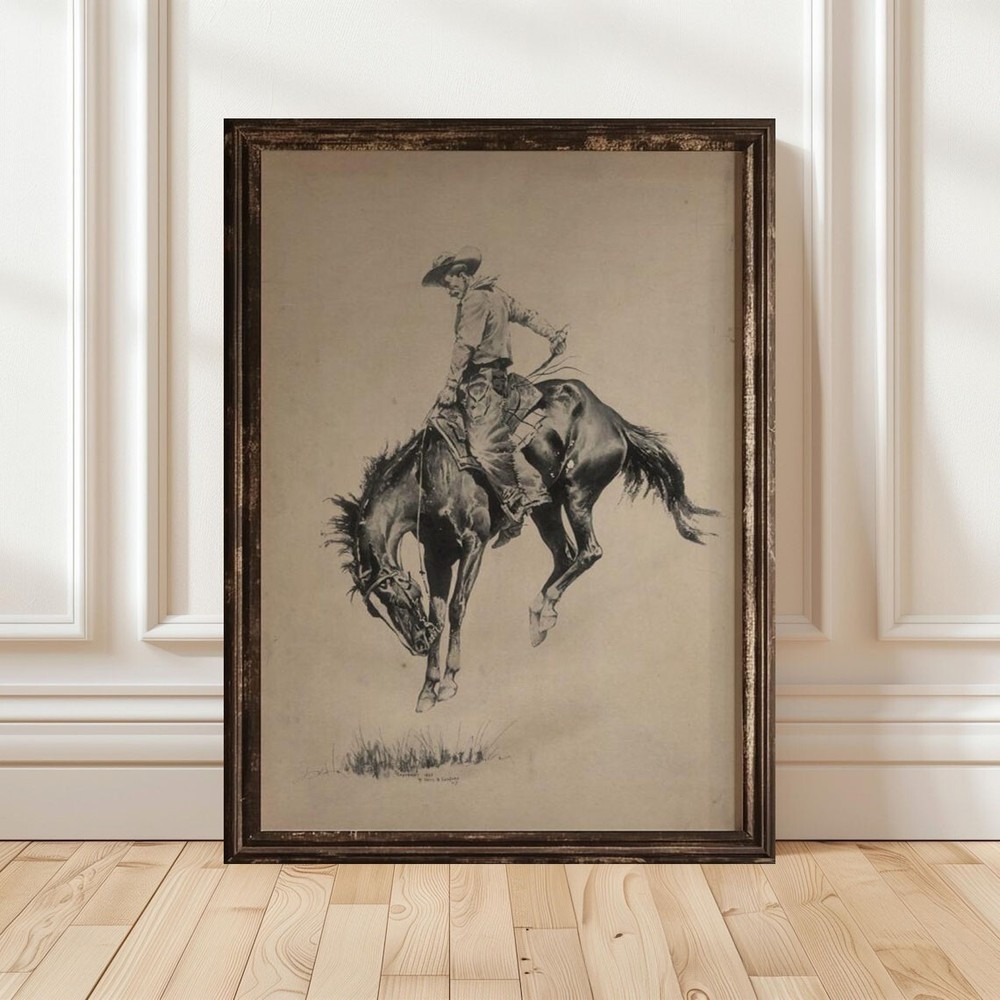 Western Wall Art Print, Cowboy Riding Bucking Bronco Vintage poster no frame