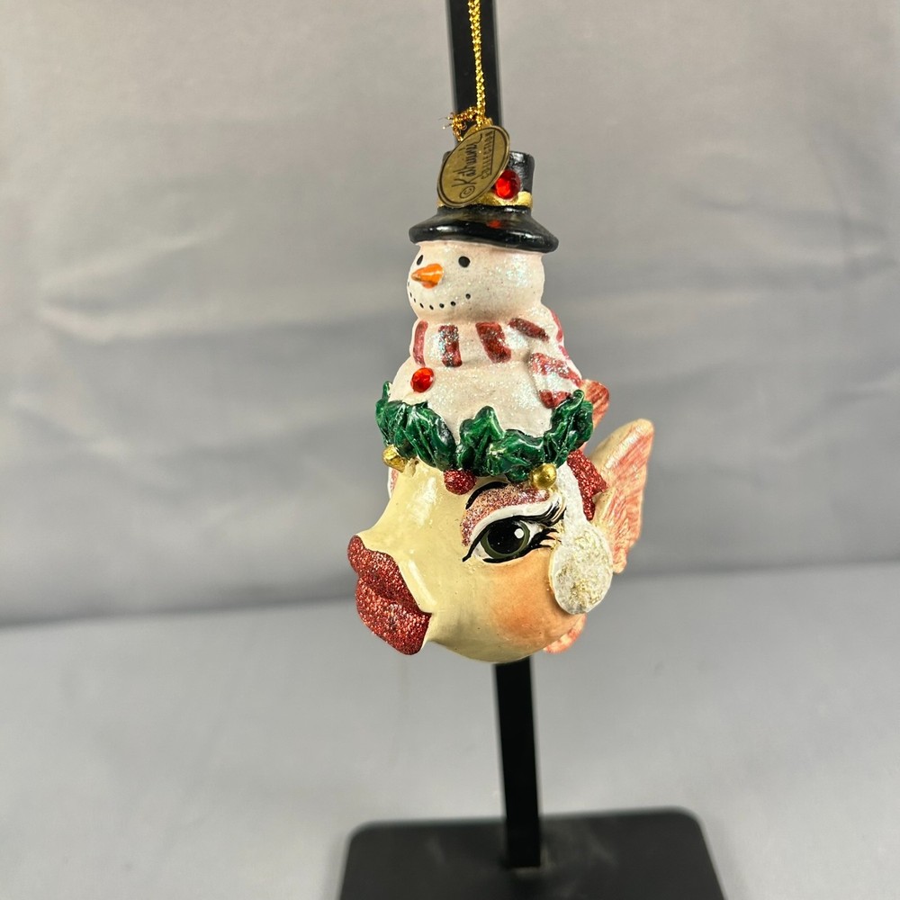 Katherine's Collection Snowman Red Glitter Kissing Lips Fish Christmas Ornament