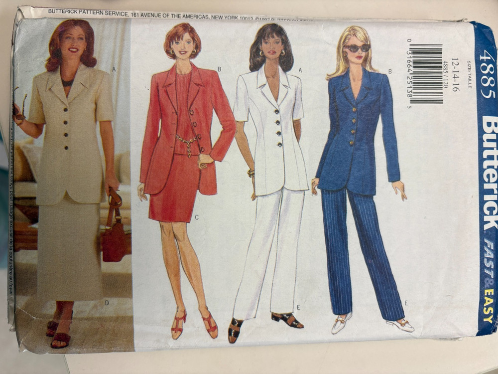 Butterick 4885 Pattern: Misses EASY jacket-dress, pants, skirt, size 12-16 UNCUT