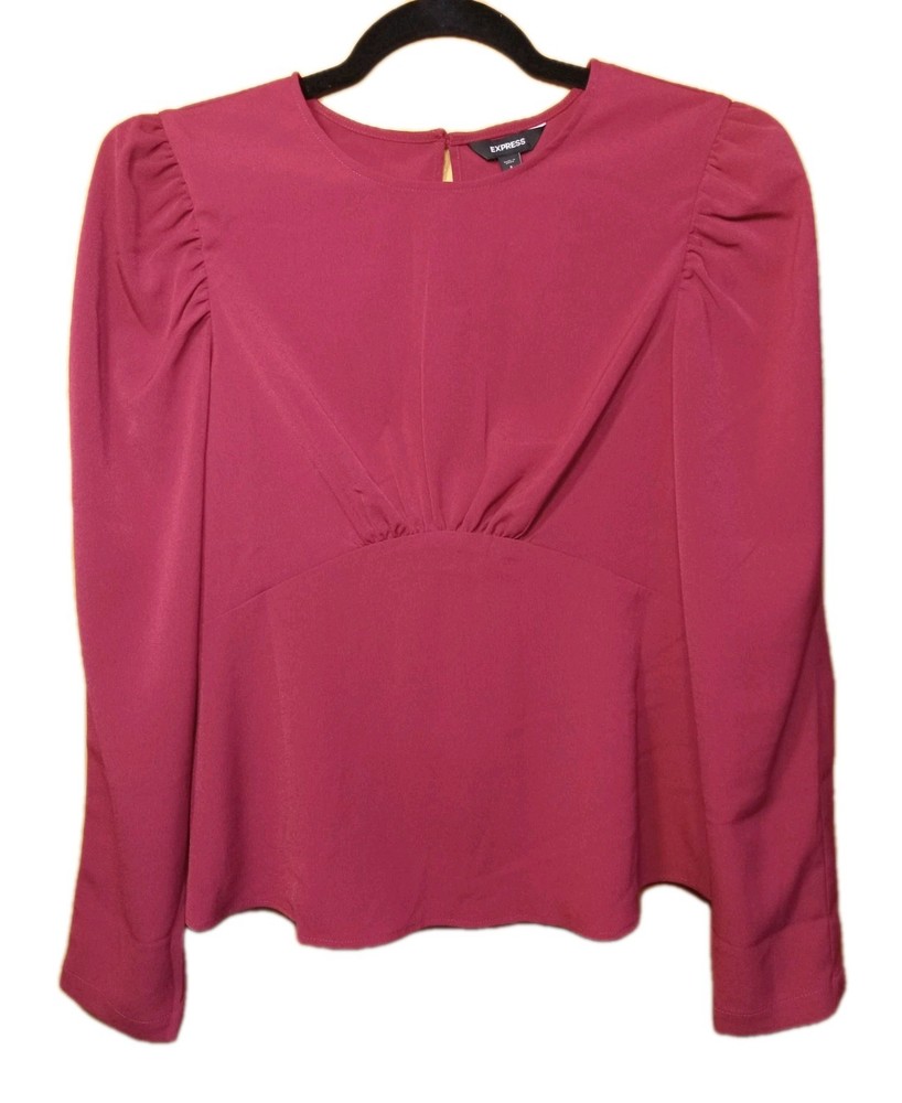 Express Women's Blouse Burgundy Petite Small Puff Long Sleeves new with tag