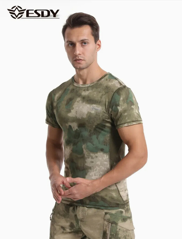 Mens Combat T-Shirt Outdoor Thin Breathable Elastic Military Tactical Camouflage