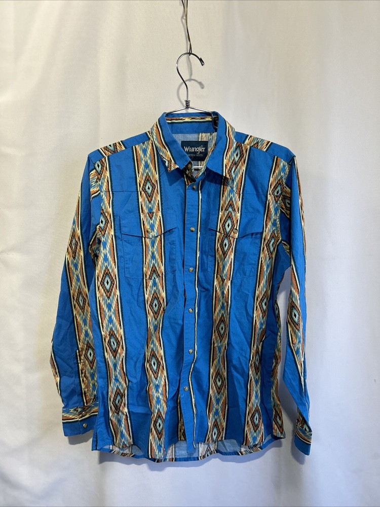 Vtg Wrangler Aztec YOUTH XL Western Pearl Snap Long Sleeve Button Up Shirt