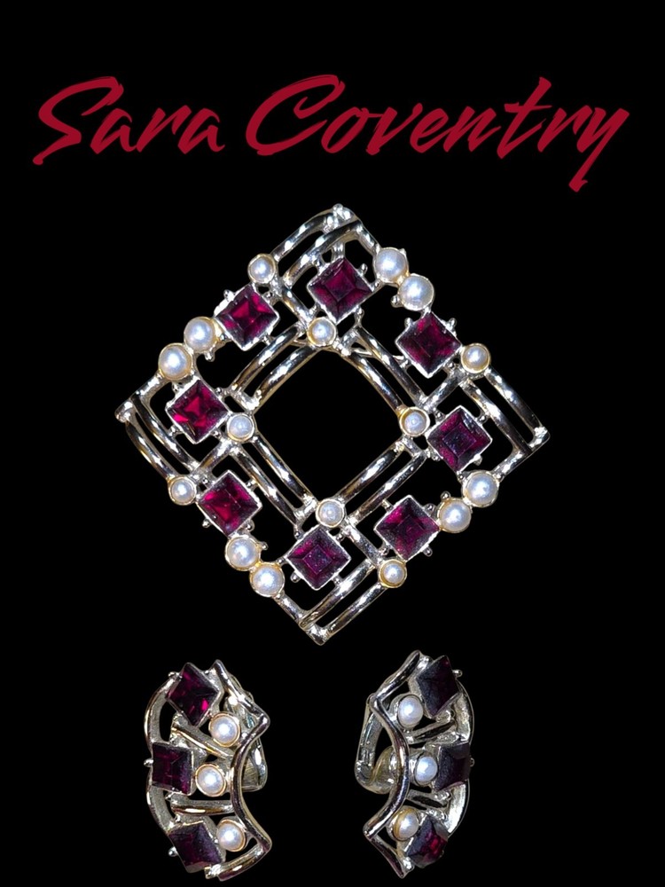 Vintage Sarah Coventry Red Rhinestone Faux Pearl Gold Tone Pin Brooch & Earrings