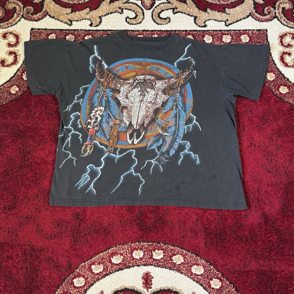 Vintage 90s American Thunder AOP Lightning Buffalo Skull Cropped T Shirt Size XL
