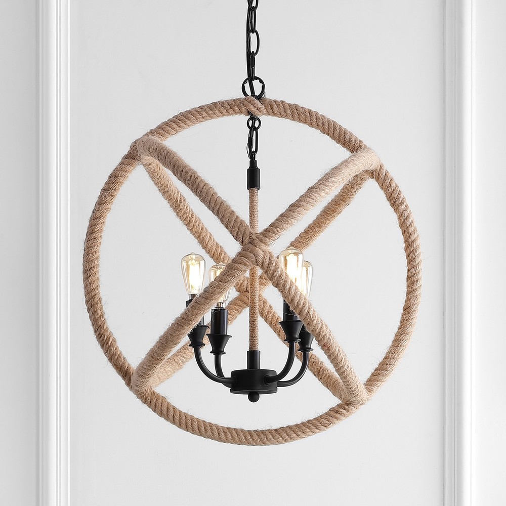 Isabelle 4-Light Adjustable Rope and Metal LED Chandelier in Black and Natural
