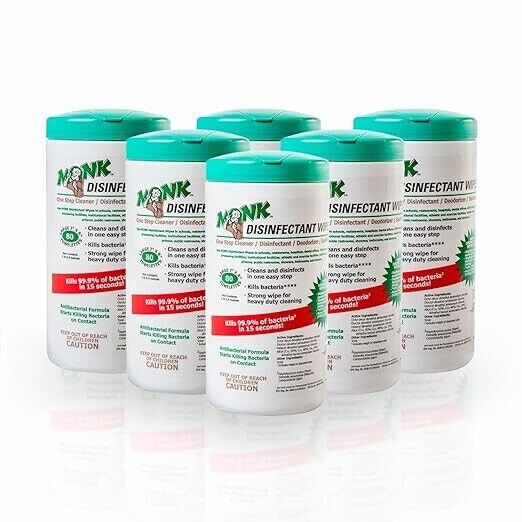BRAND NEW!! Case of 6 - Monk Disinfectant Wipes - 80 count canisters