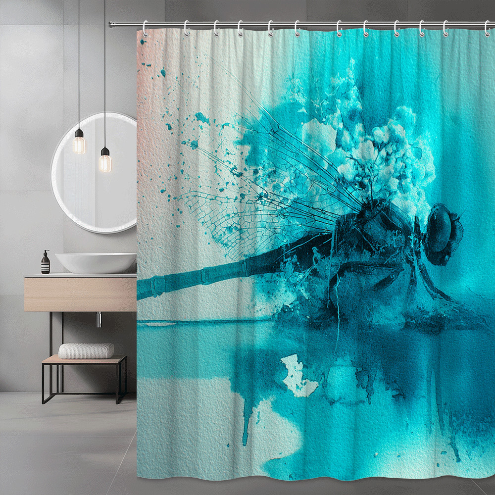 Blue Dragonfly Abstract Shower Curtain, Teal Watercolor Art