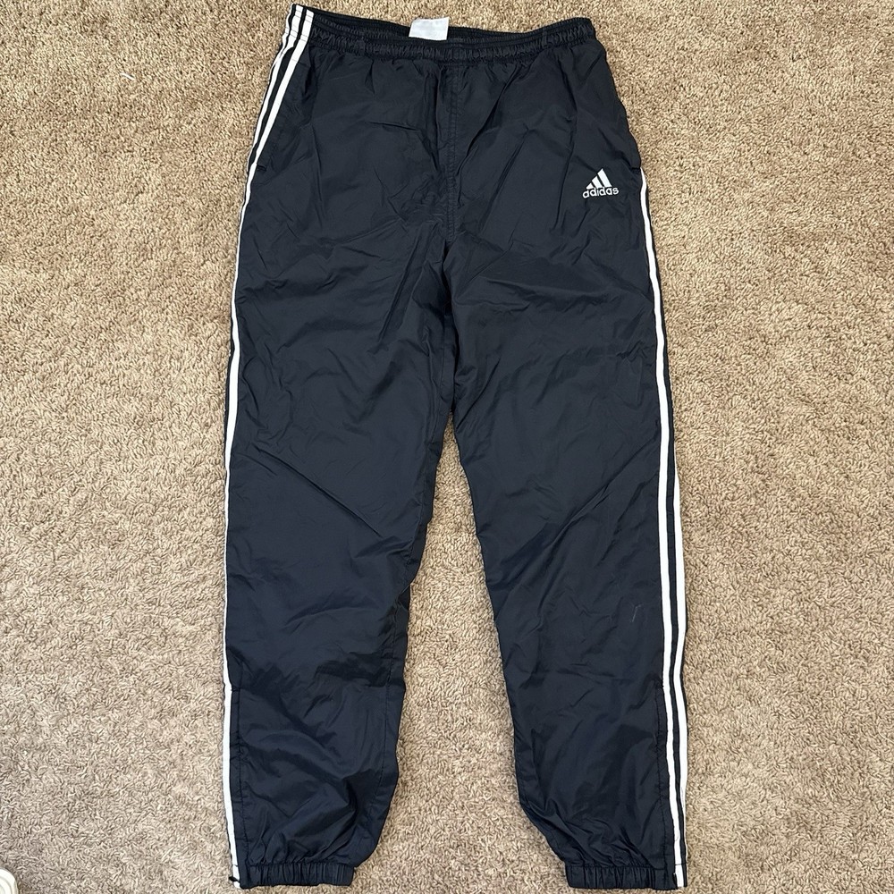 Adidas 3-Stripe Nylon Track Pants Black White Windbreaker Joggers Medium VTG