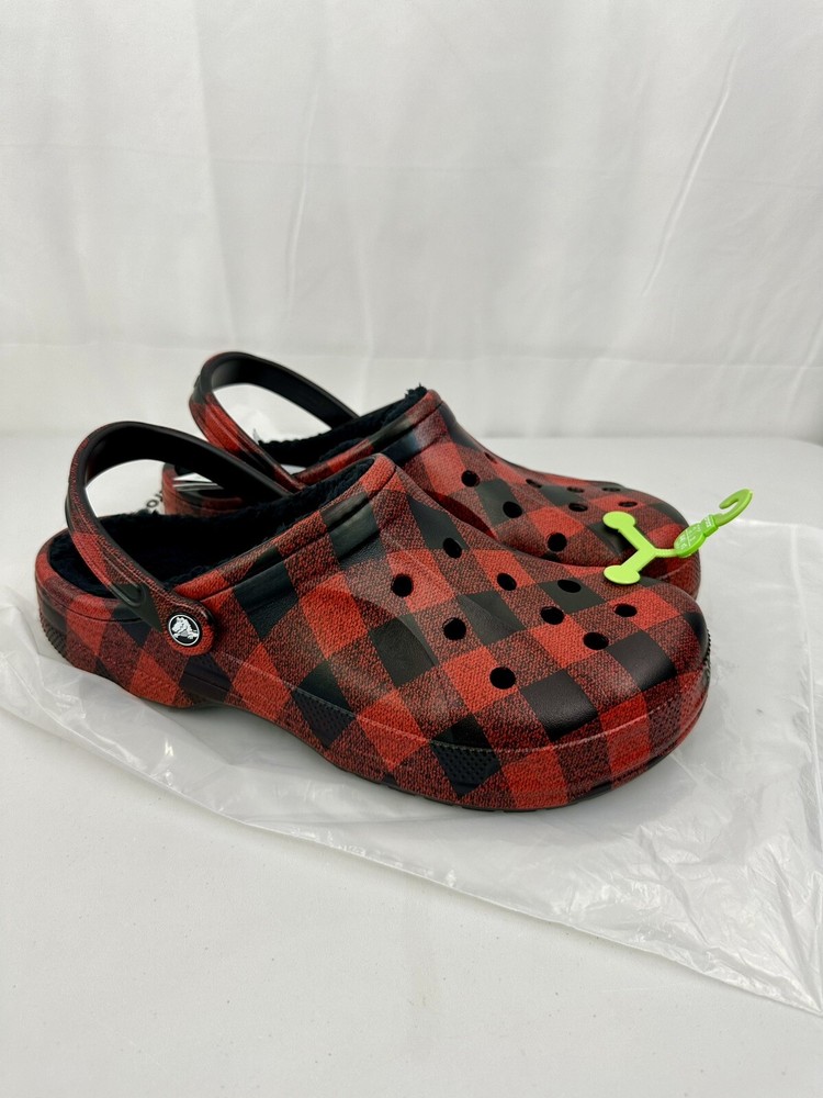 Men's 13 Crocs Classic Ralen Lined Clog Buffalo Plaid Red & Black 209343-0C4 NWT