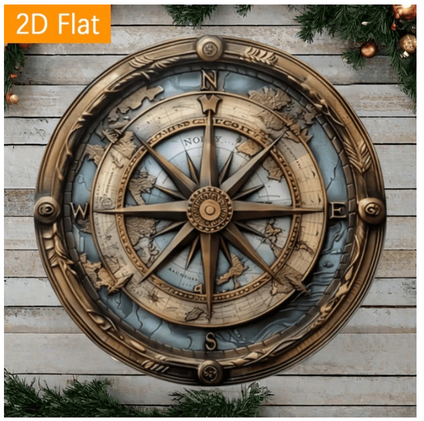 Vintage Nautical Compass Theme Metal Wall Decor Sign, 8 Inch Universal Hanging H