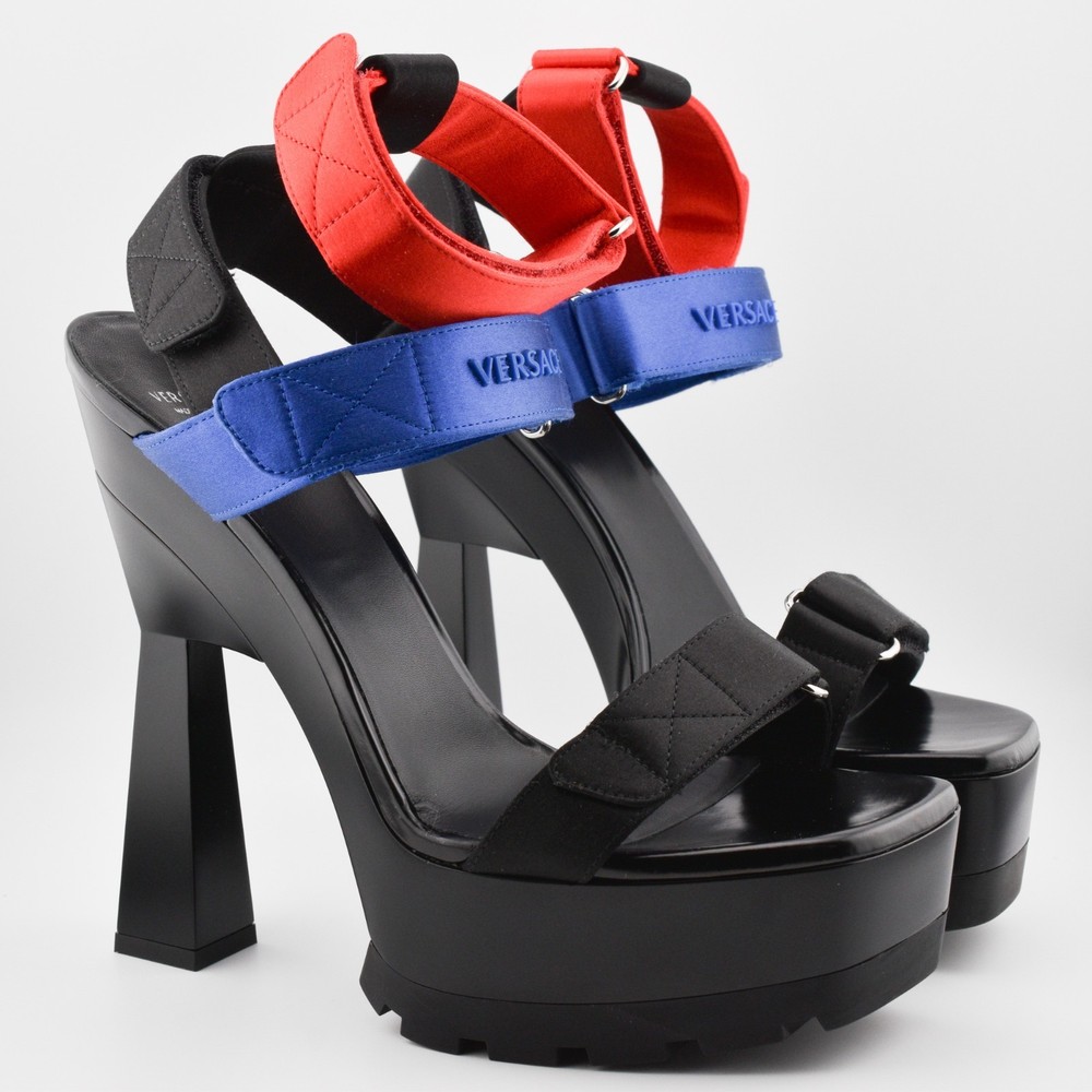 READ Versace Zoccolo leather platform sandals heels pumps red blue US 9.5 2016