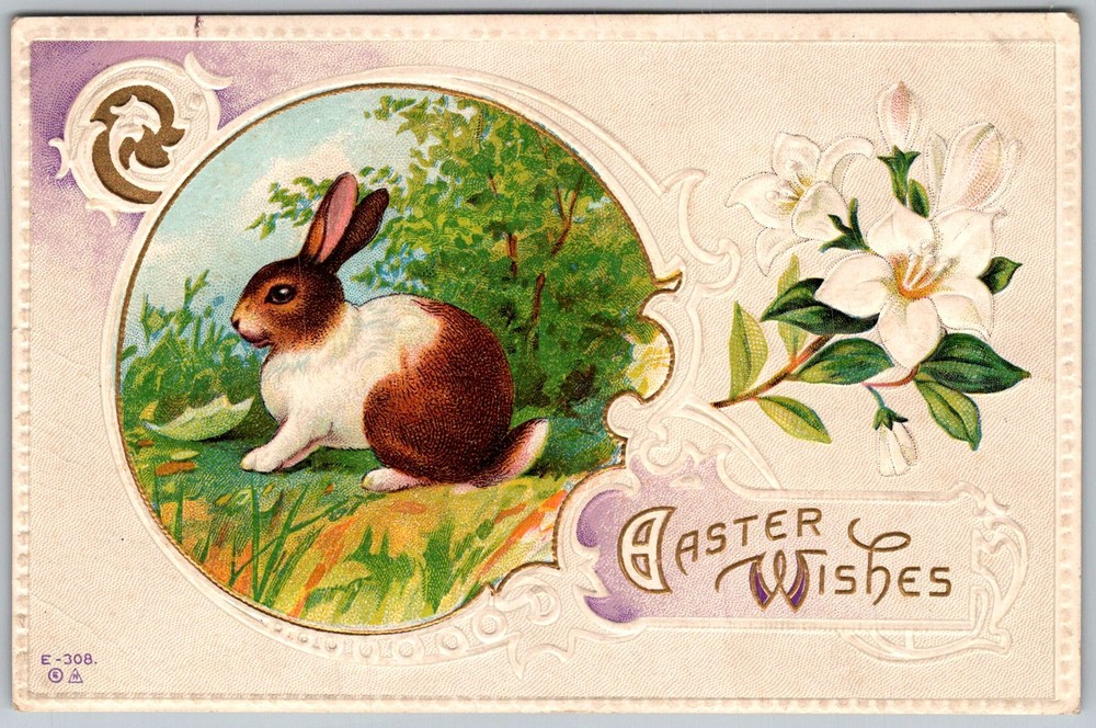 Antique Postcard Easter Bunny & Lilies 1910s