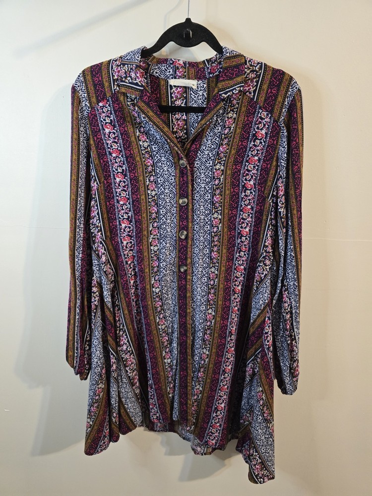 Natural Life Ansley Striped Floral Woven Tunic Shirt Dress Size Medium Boho