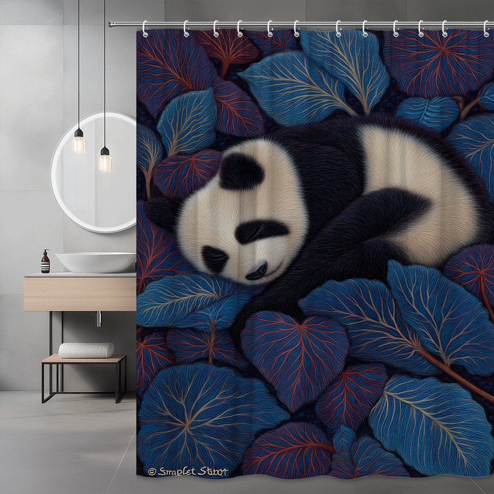 Panda Sleeping on Leaves Shower Curtain Blue Floral Print
