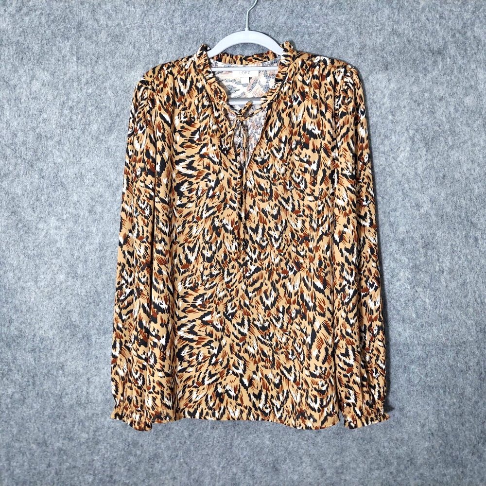 Ann Taylor Loft Cheetah Print Chiffon Tunic with Ruffle Detail and Puff Sleeves