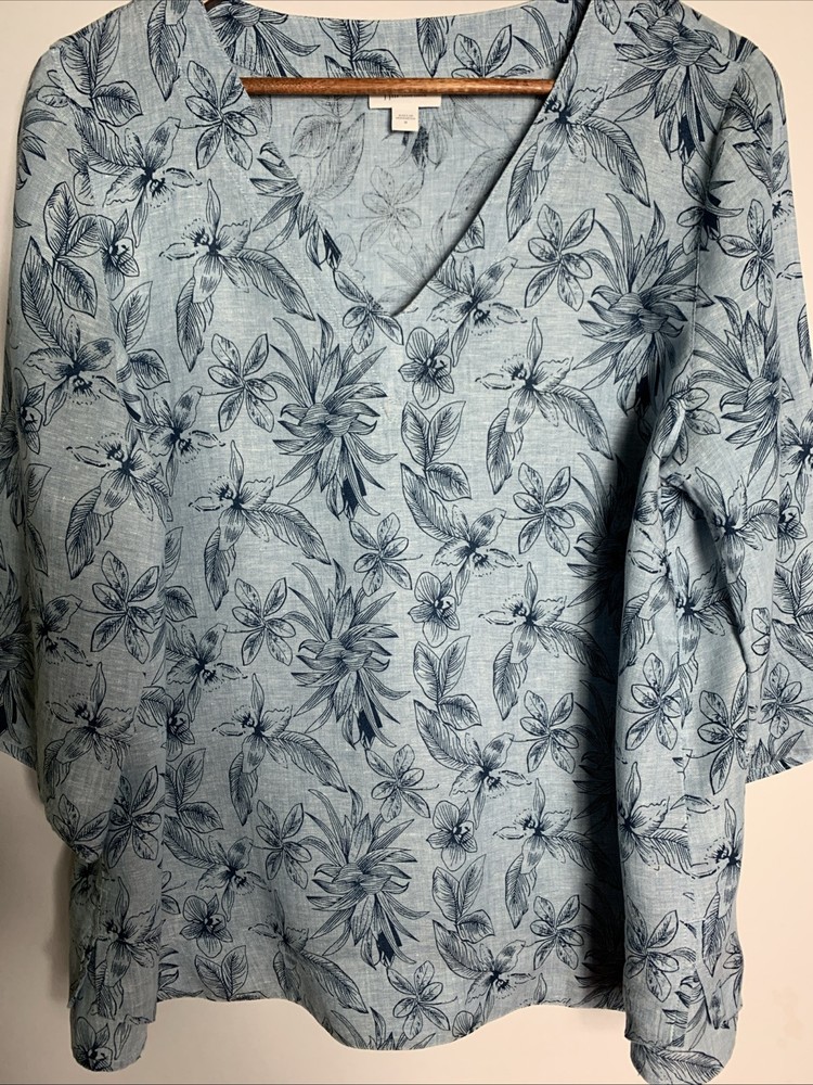 J Jill Love Linen Floral Chambray Top Womens M 3/4 Sleeve V Neck Coastal Boho