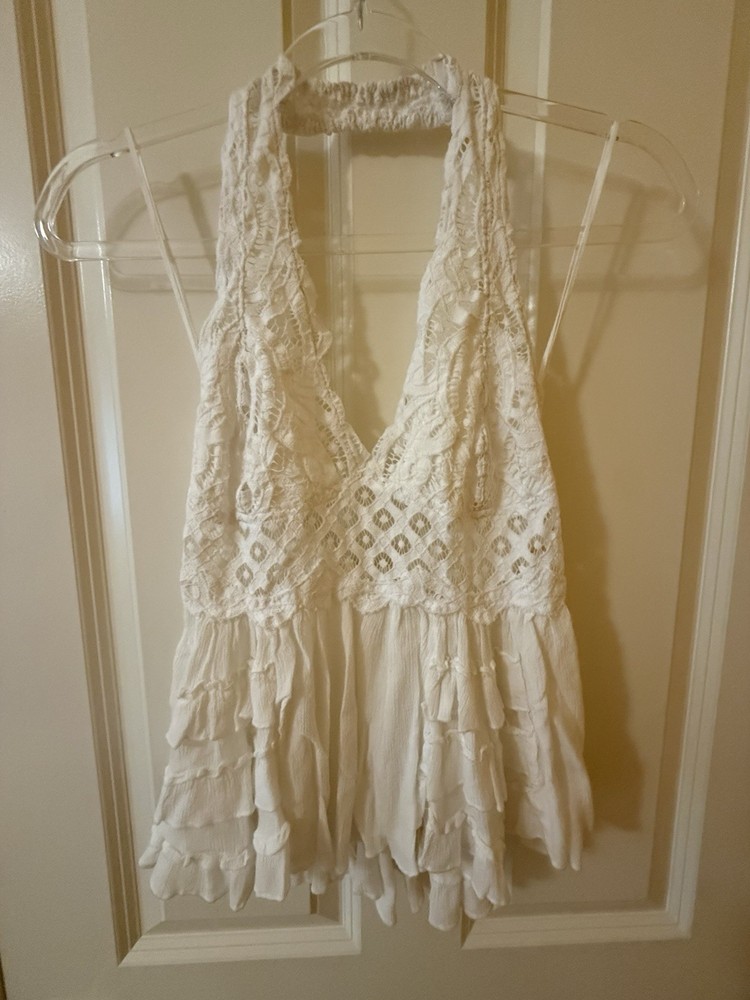 Free People White Lace Halter Top Size L Boho Ruffle Tiered Babydoll Festival