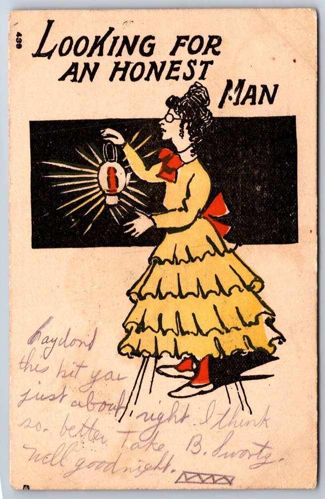 Comic~Looking For An Honest Man~Lady W/ Lantern Light~PM 1906~Vintage Postcard