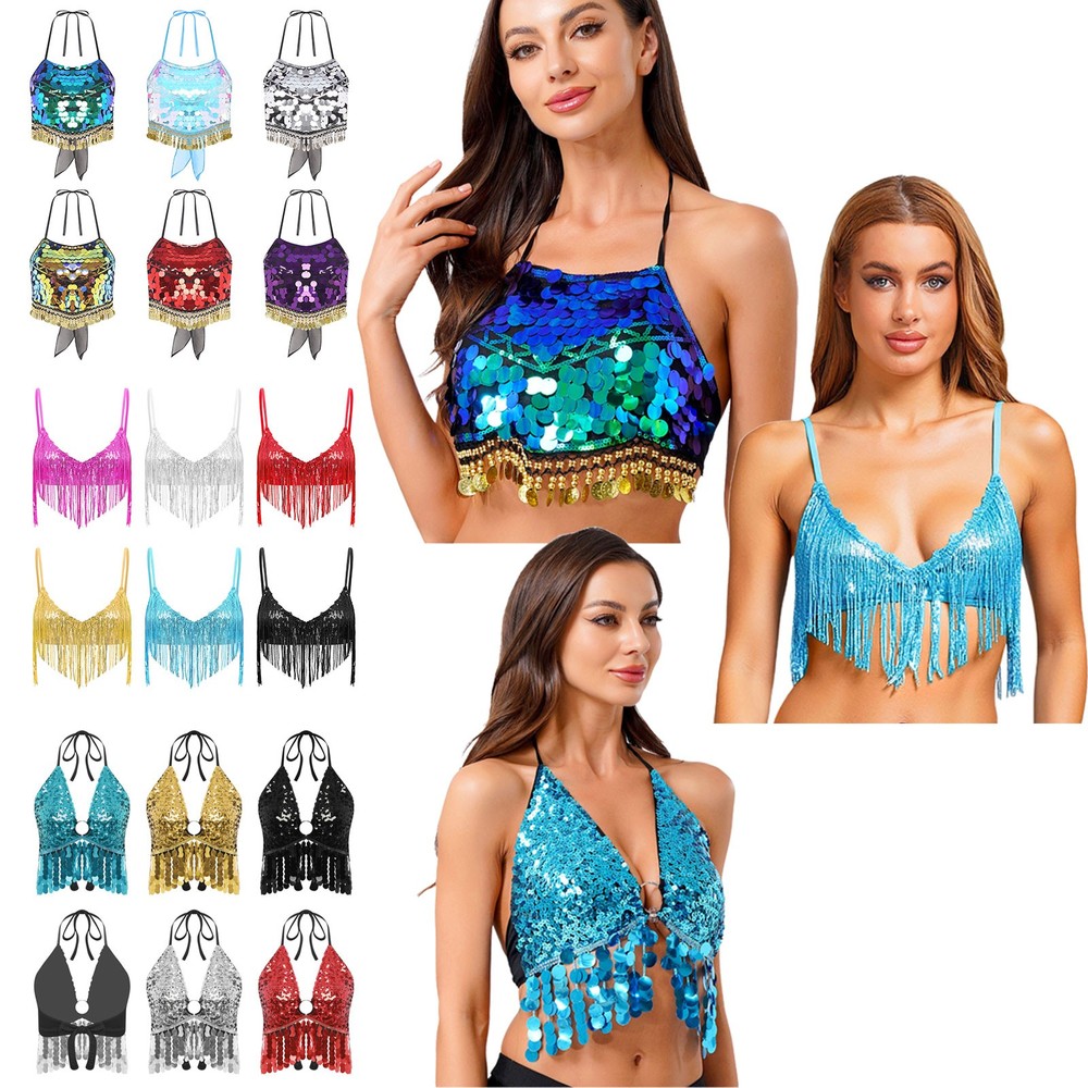 Women's Belly Dance Bra Top Costume Sequin Bra Tassel Top with Chest Party Club