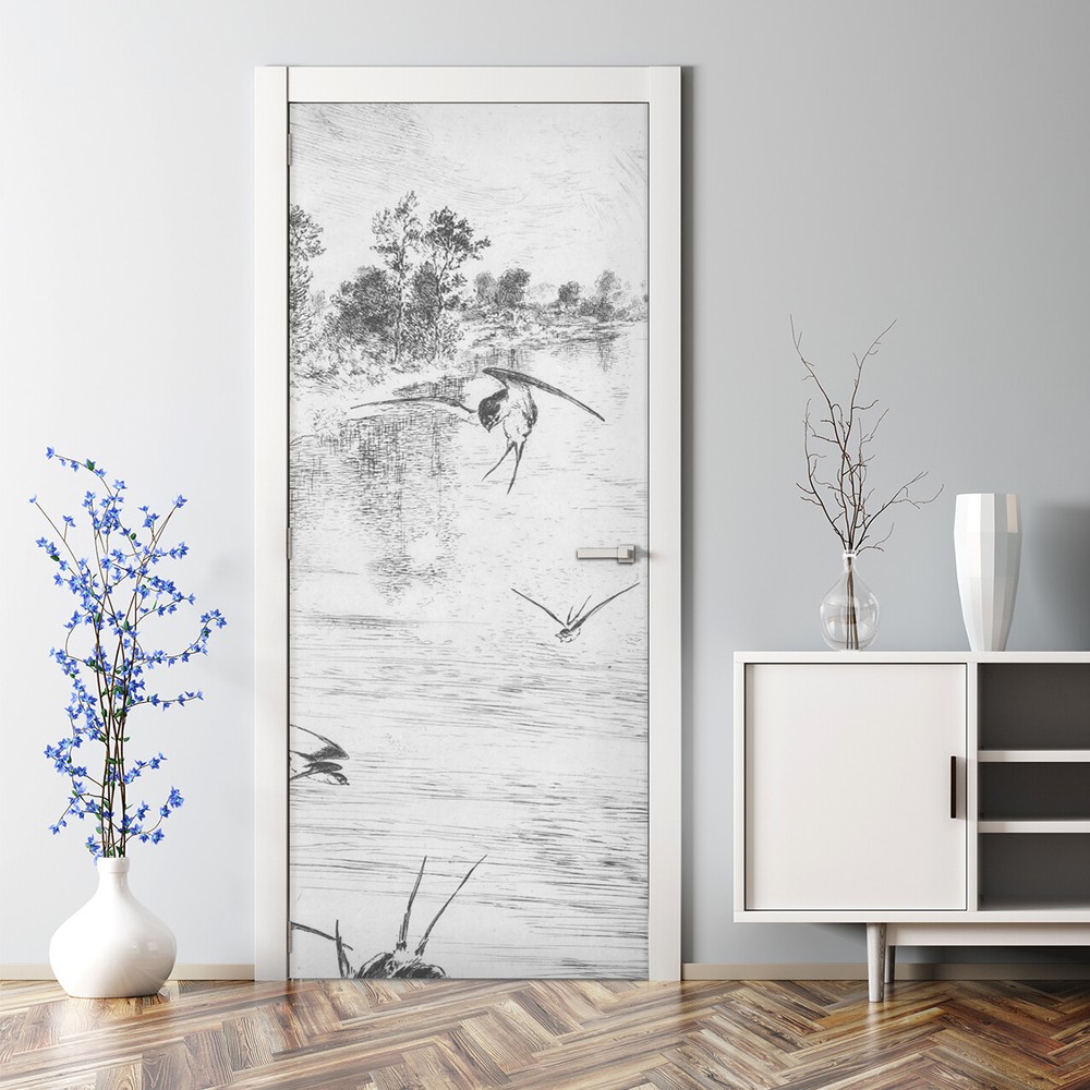 Self-adhesive Swallow Landscape Decal for Bubble-Free Door Decor
