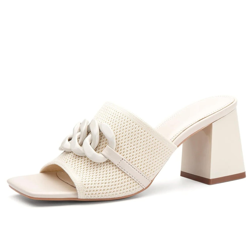 Women's White Square Toe Chain Heel Sandals Pumps for Adults