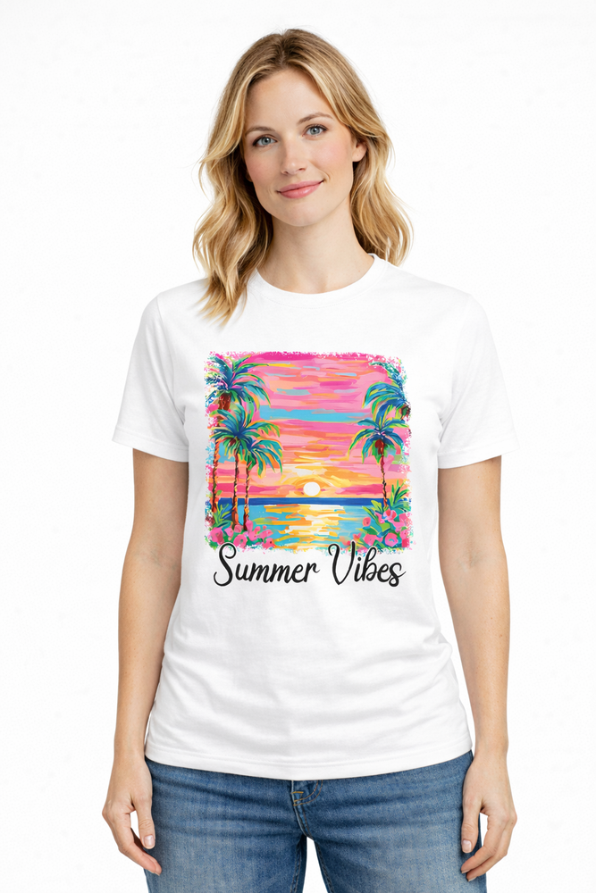 Women's Summer Vibes T-Shirt Tropical Palm Tree Beach Casual Graphic Tee