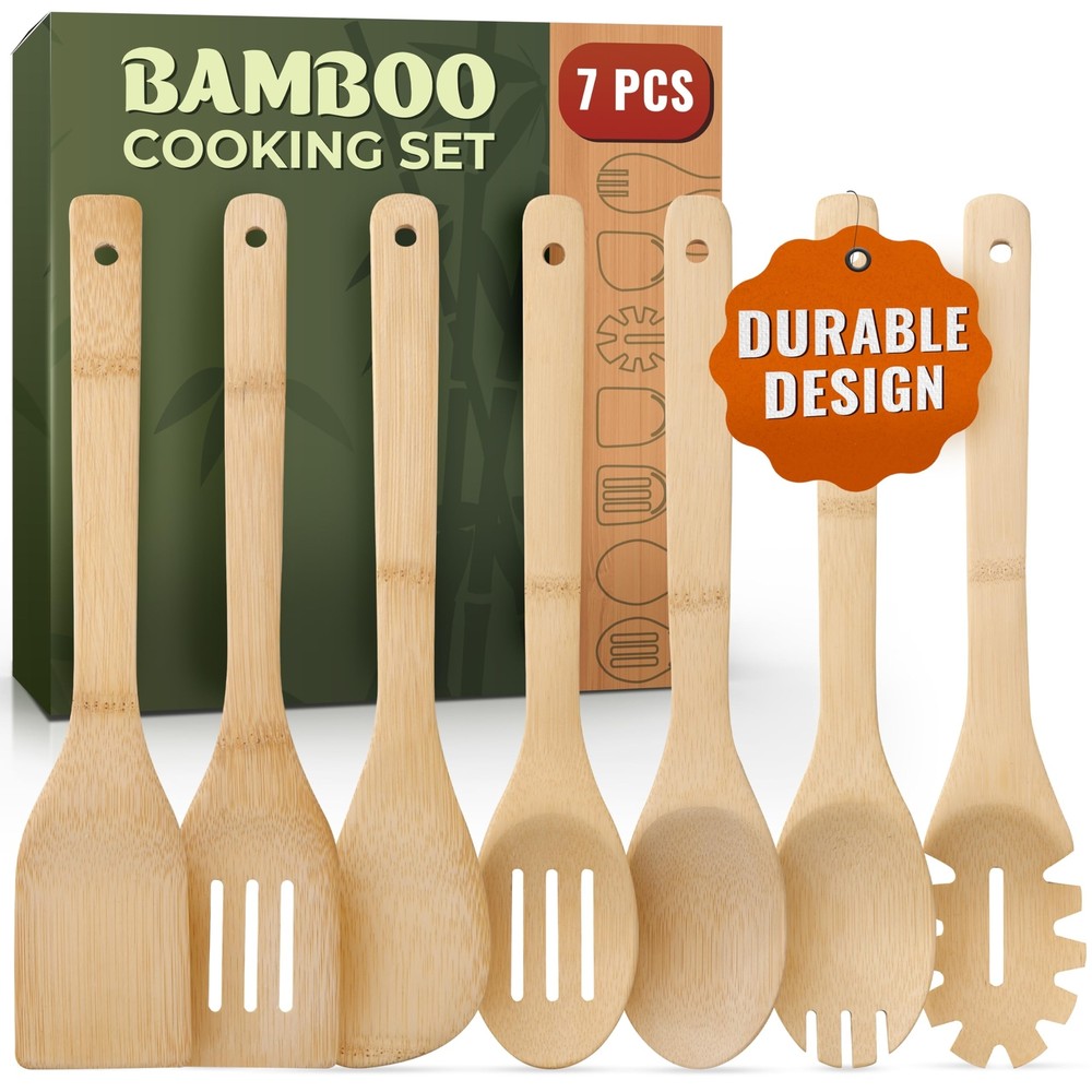 Bamboo Wooden Spoons for Cooking – 7 PCs Wooden Cooking Utensils for Nonst