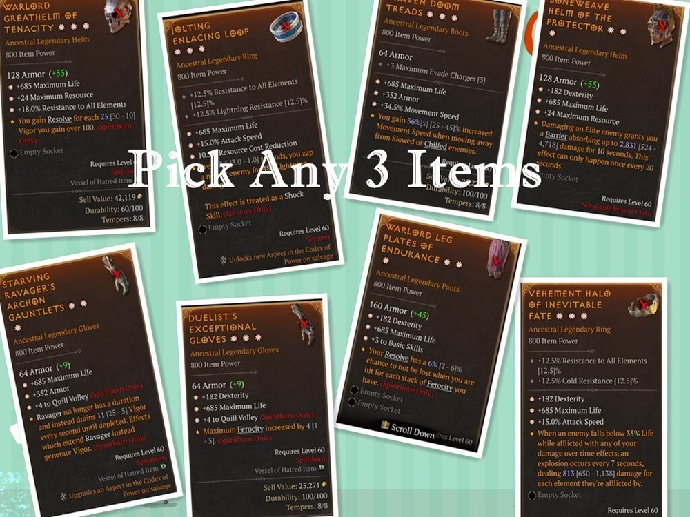 Diablo 4 S6 Perfect 3GA-4GA Spiritborn Gears - Ex. Gloves, Pants, and Rings