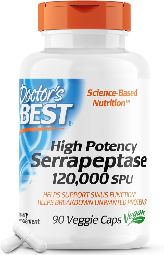 Doctors Best High Potency Serrapeptase, Supports Sinus Health 120,000 SPU, Non-G