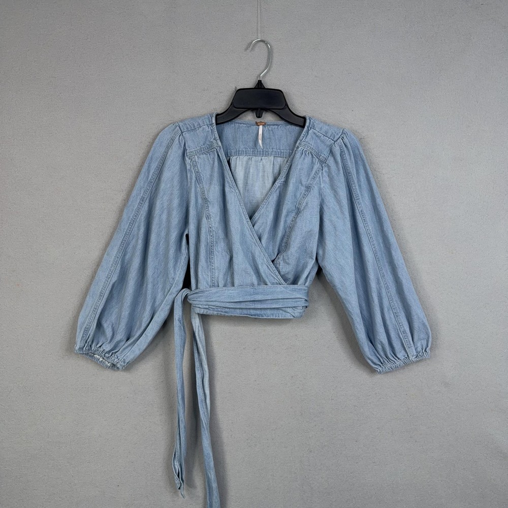 Free People Blouse Womens Small Blue Chambray Wrap Tie Waist Balloon Sleeve Top
