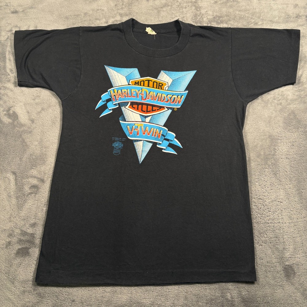 Vintage 80s 3-D Emblem T-Shirt Men Large Black Harley Davidson Motorcycle V-Twin