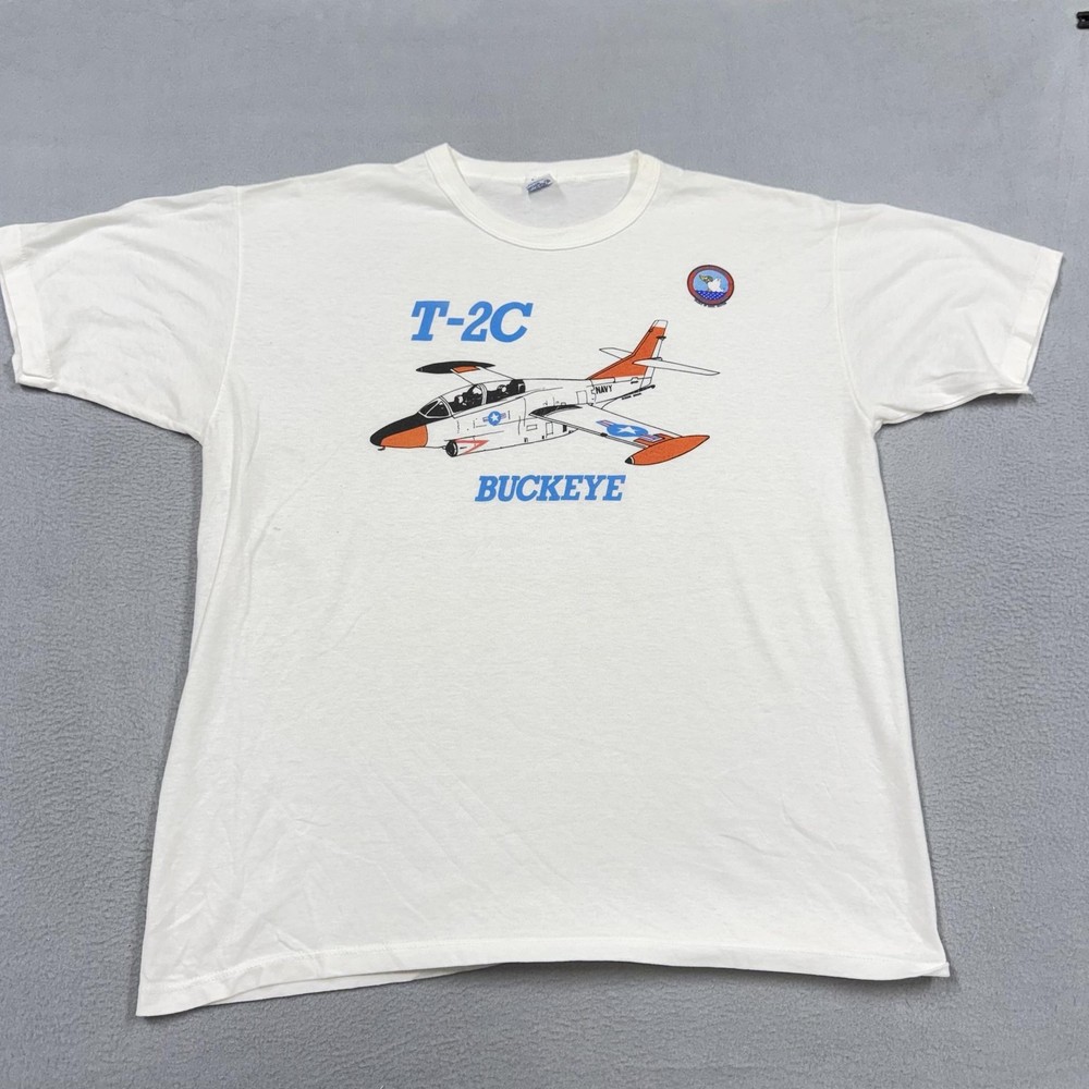 Vintage Russell Athletic Shirt Mens XL White T-2C Buckeye Navy Aircraft Graphic