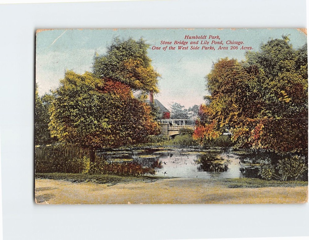 Postcard Humboldt Park Stone Bridge and Lily Pond Chicago Illinois USA