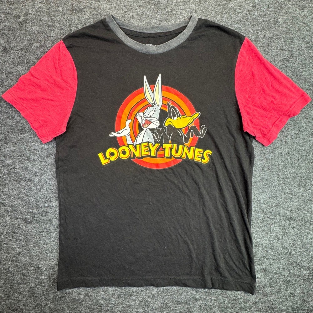 Looney Tunes Graphic T-Shirt Mens Medium Black Bugs Bunny Daffy Duck Red Sleeve