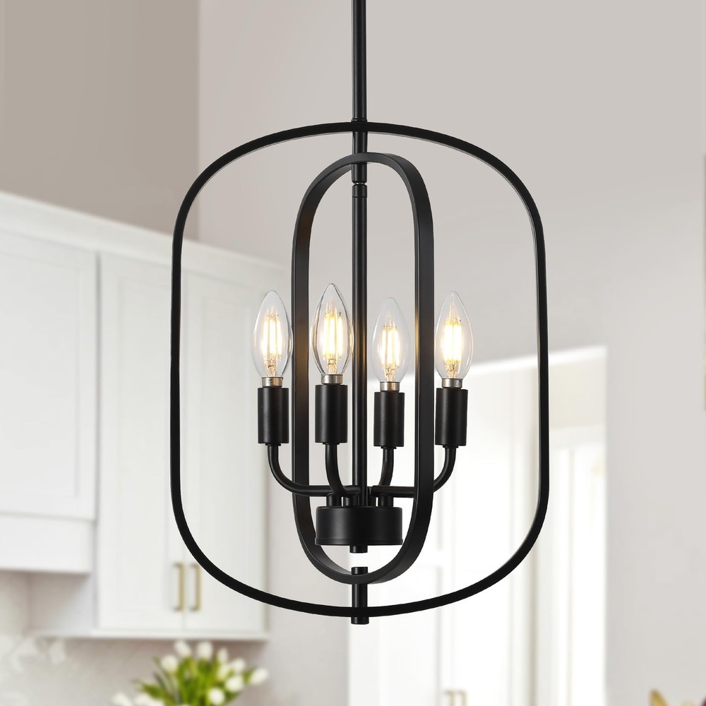 Black Chandeliers for Dining Room, 4-Light Farmhouse Entryway Chandelier, Sim...