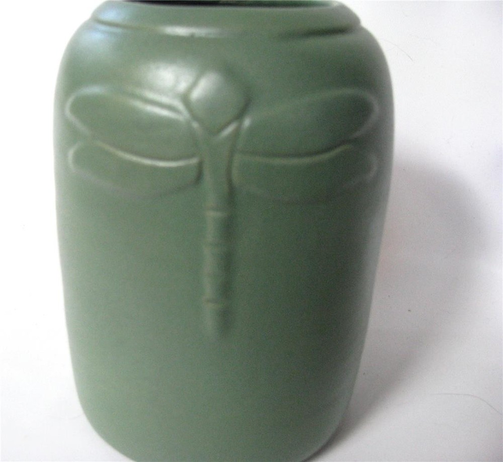 Studio Art Pottery Arts and Crafts style Matte Green Vase Dragonfly 5