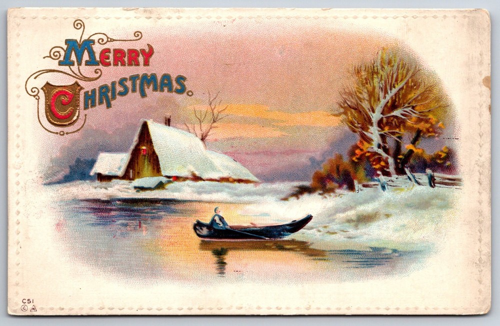 Merry Christmas~Winter House & Boat On Lake Scene~Embossed~Vintage Postcard