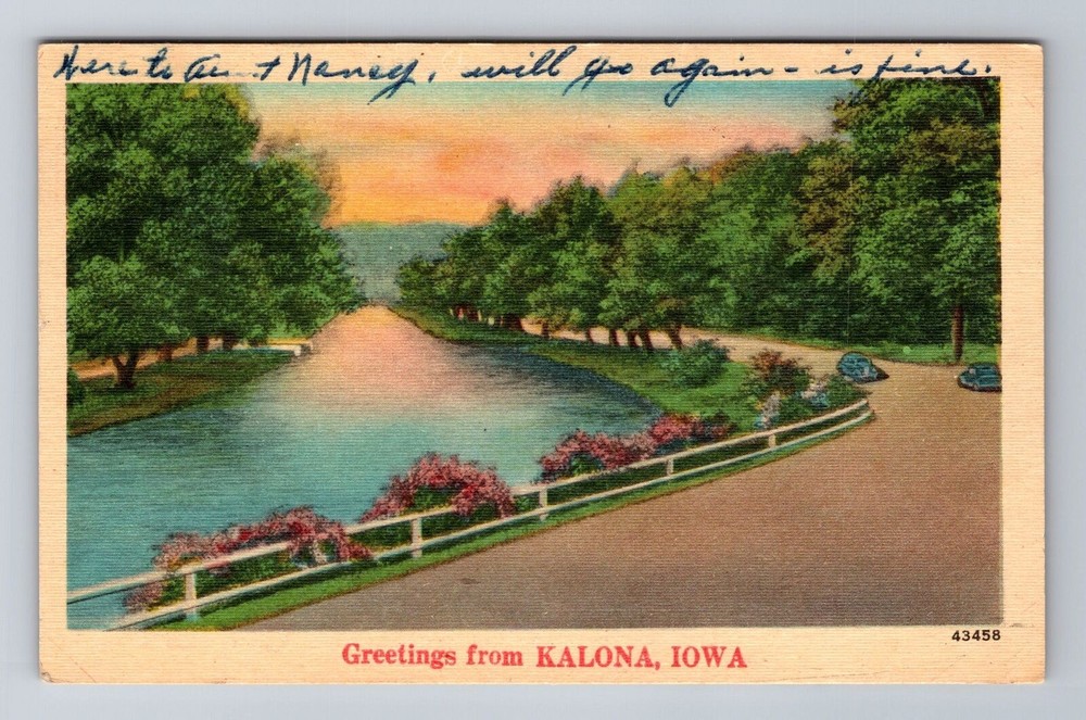 Kolona IA-Iowa, Greetings, Scenic River & Roadway, Vintage c1948 Postcard